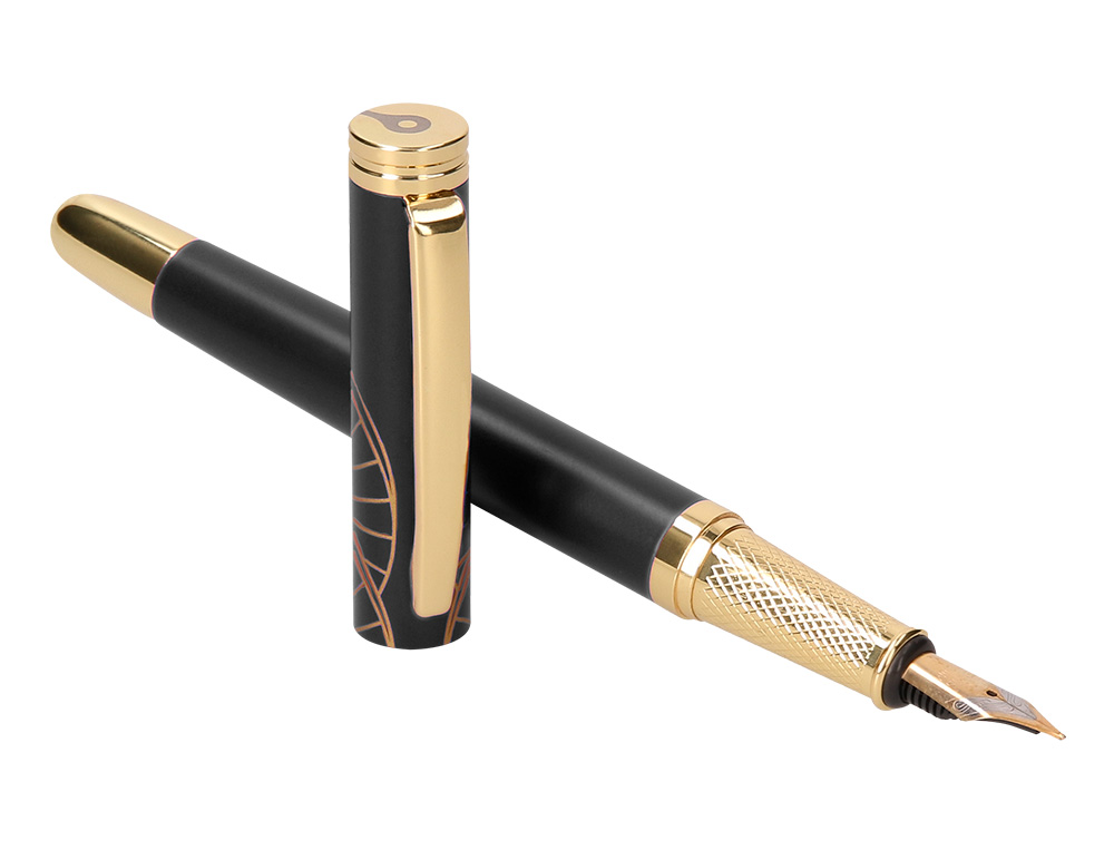 STYLO-PLUME BELIUS SOIREE ALUMINIUM DETAILS ET ATTRIBUTS OR ENCRE BLEUE COLORIS NOIR DANS COFFRET CADEAU