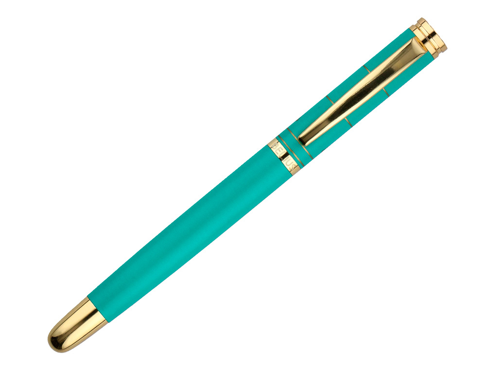 STYLO-PLUME ET ETUI SIMILI CUIR BELIUS SOIREE ALUM. DETAILS ET ATTRIBUTS OR ENCRE BLEUE COLORIS TURQUOISE COFFRET CADEAU