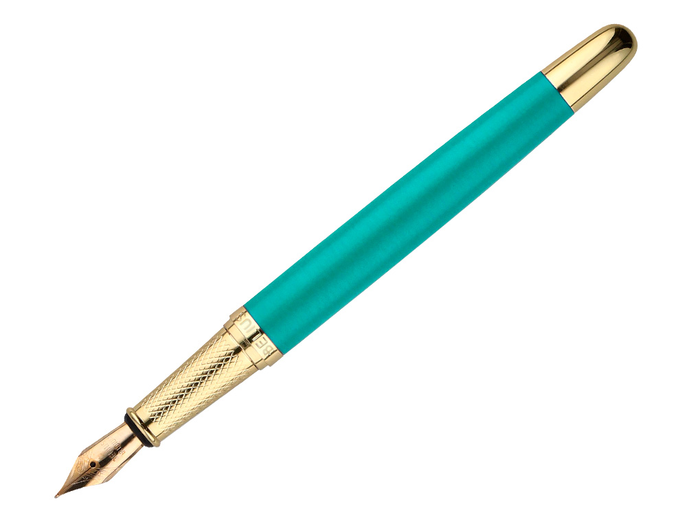 STYLO-PLUME ET ETUI SIMILI CUIR BELIUS SOIREE ALUM. DETAILS ET ATTRIBUTS OR ENCRE BLEUE COLORIS TURQUOISE COFFRET CADEAU