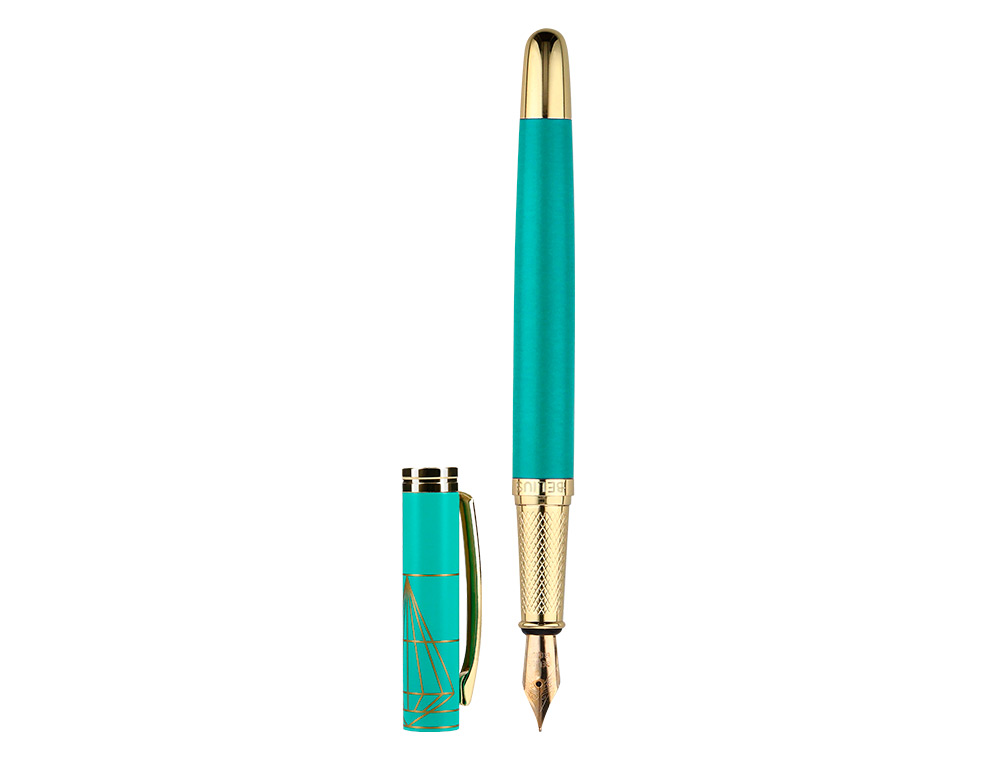 STYLO-PLUME ET ETUI SIMILI CUIR BELIUS SOIREE ALUM. DETAILS ET ATTRIBUTS OR ENCRE BLEUE COLORIS TURQUOISE COFFRET CADEAU