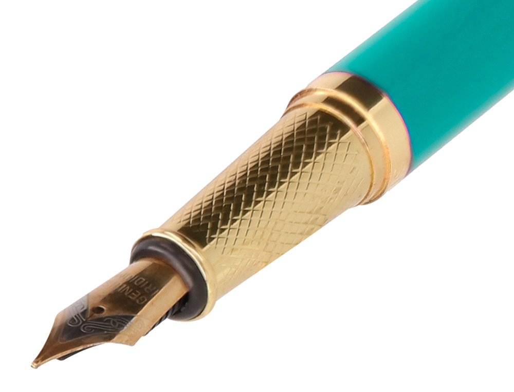 STYLO-PLUME ET ETUI SIMILI CUIR BELIUS SOIREE ALUM. DETAILS ET ATTRIBUTS OR ENCRE BLEUE COLORIS TURQUOISE COFFRET CADEAU