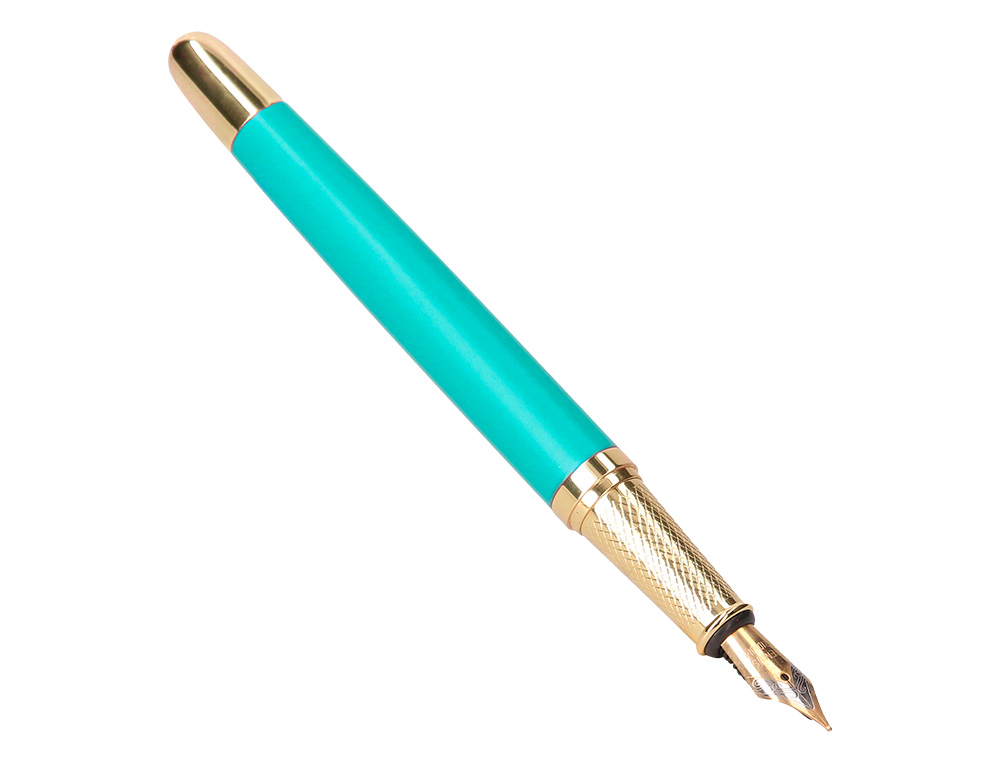 STYLO-PLUME ET ETUI SIMILI CUIR BELIUS SOIREE ALUM. DETAILS ET ATTRIBUTS OR ENCRE BLEUE COLORIS TURQUOISE COFFRET CADEAU