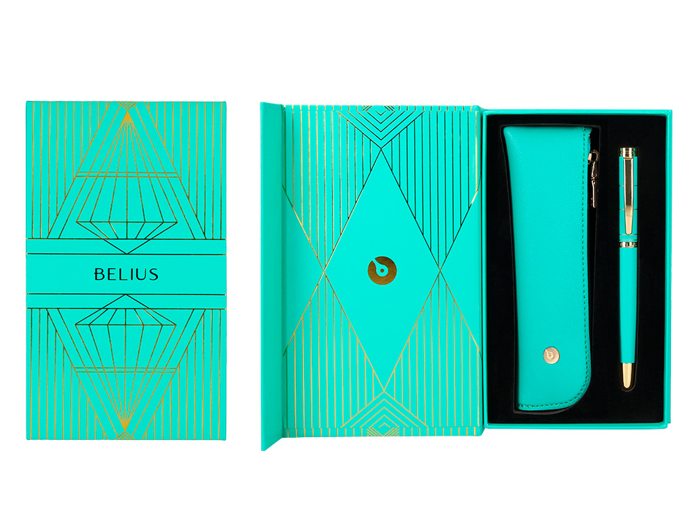 STYLO-PLUME ET ETUI SIMILI CUIR BELIUS SOIREE ALUM. DETAILS ET ATTRIBUTS OR ENCRE BLEUE COLORIS TURQUOISE COFFRET CADEAU