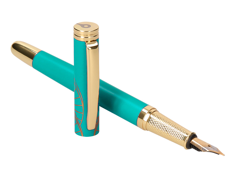 STYLO-PLUME ET ETUI SIMILI CUIR BELIUS SOIREE ALUM. DETAILS ET ATTRIBUTS OR ENCRE BLEUE COLORIS TURQUOISE COFFRET CADEAU