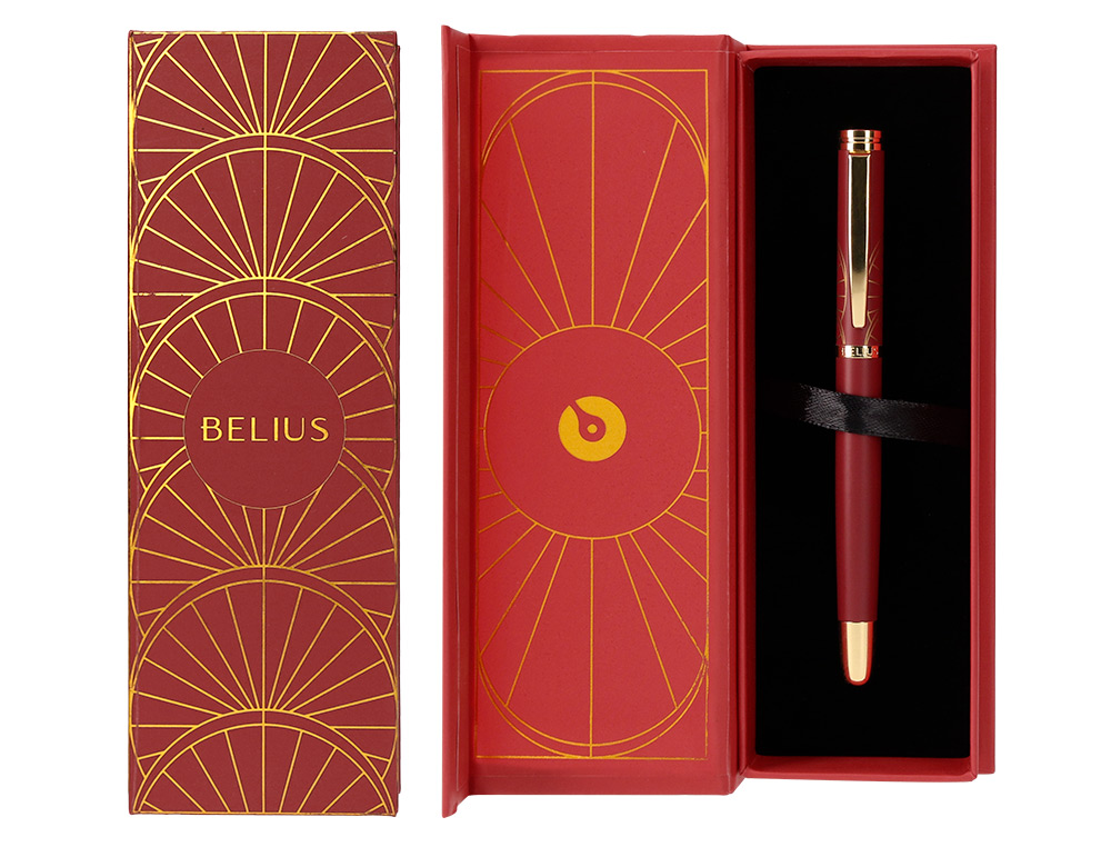 STYLO-PLUME BELIUS SOIREE ALUMINIUM DETAILS ET ATTRIBUTS OR ENCRE BLEUE COLORIS BORDEAUX DANS COFFRET CADEAU