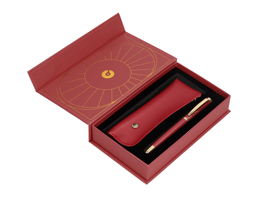 STYLO-BILLE ET ETUI SIMILI CUIR BELIUS SOIREE ALUM. DETAILS ET ATTRIBUTS OR ENCRE BLEUE COLORIS BORDEAUX COFFRET CADEAU