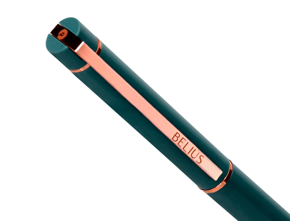 STYLO-BILLE BELIUS ROSE ALUMINIUM DETAILS ET ATTRIBUTS OR ROSE ENCRE BLEUE COLORIS VERT DANS COFFRET CADEAU
