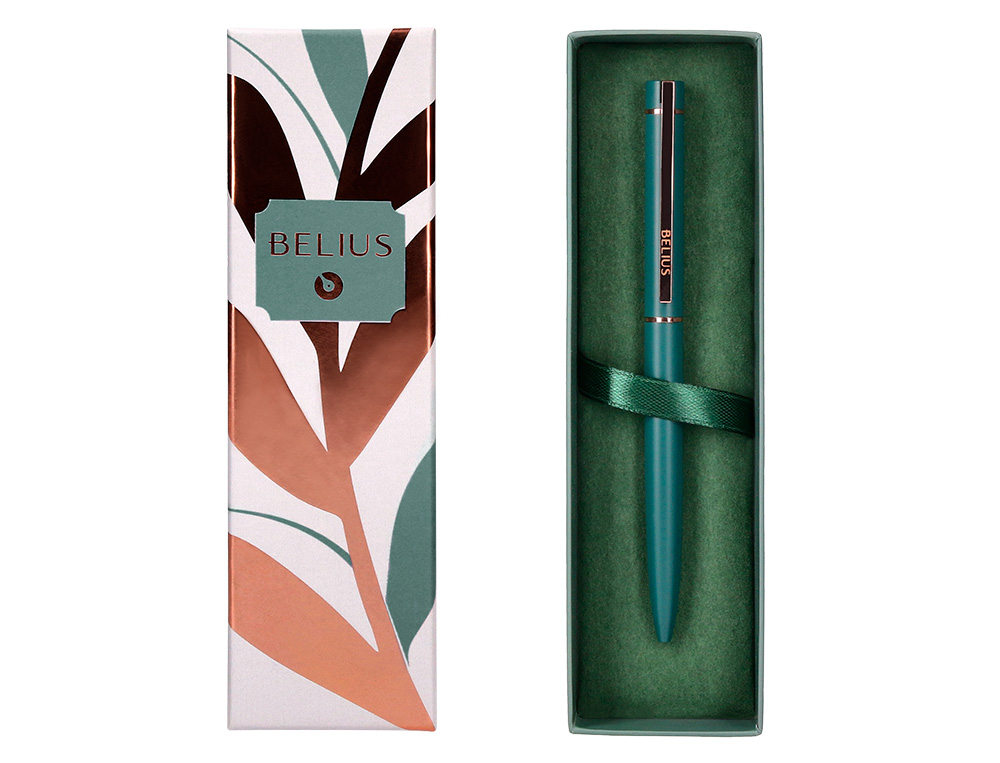 STYLO-BILLE BELIUS ROSE ALUMINIUM DETAILS ET ATTRIBUTS OR ROSE ENCRE BLEUE COLORIS VERT DANS COFFRET CADEAU