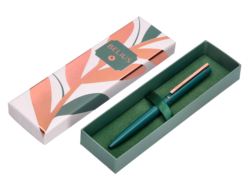 STYLO-BILLE BELIUS ROSE ALUMINIUM DETAILS ET ATTRIBUTS OR ROSE ENCRE BLEUE COLORIS VERT DANS COFFRET CADEAU
