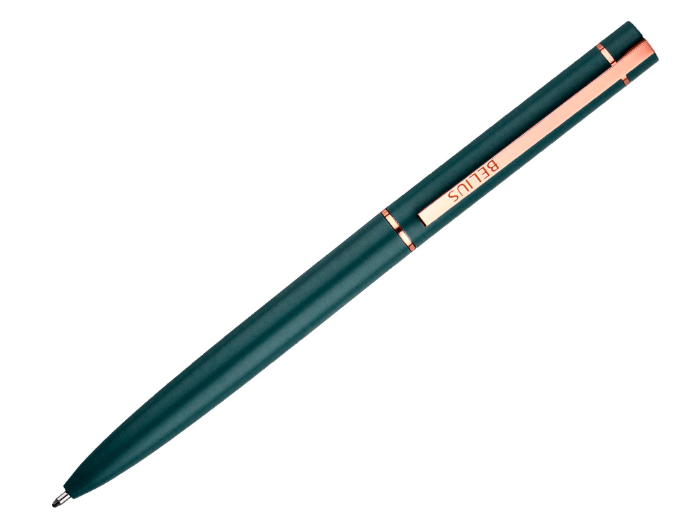 STYLO-BILLE BELIUS ROSE ALUMINIUM DETAILS ET ATTRIBUTS OR ROSE ENCRE BLEUE COLORIS VERT DANS COFFRET CADEAU