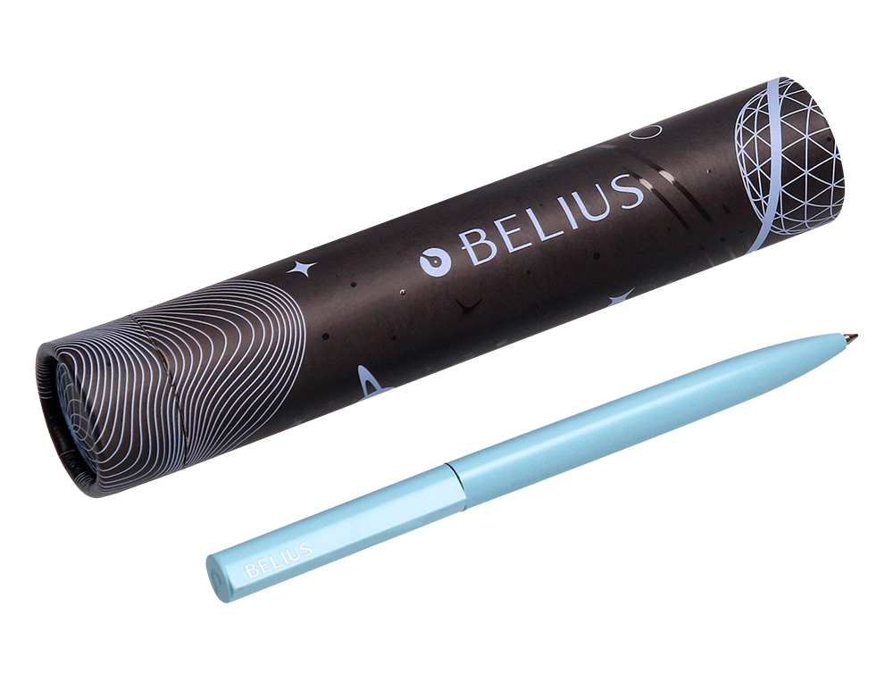 STYLO-BILLE BELIUS ROCKET B MONOCHROME SANS AGRAFE ENCRE BLEUE COLORIS BLEU DANS COFFRET CADEAU ORIGINAL CYLINDRIQUE