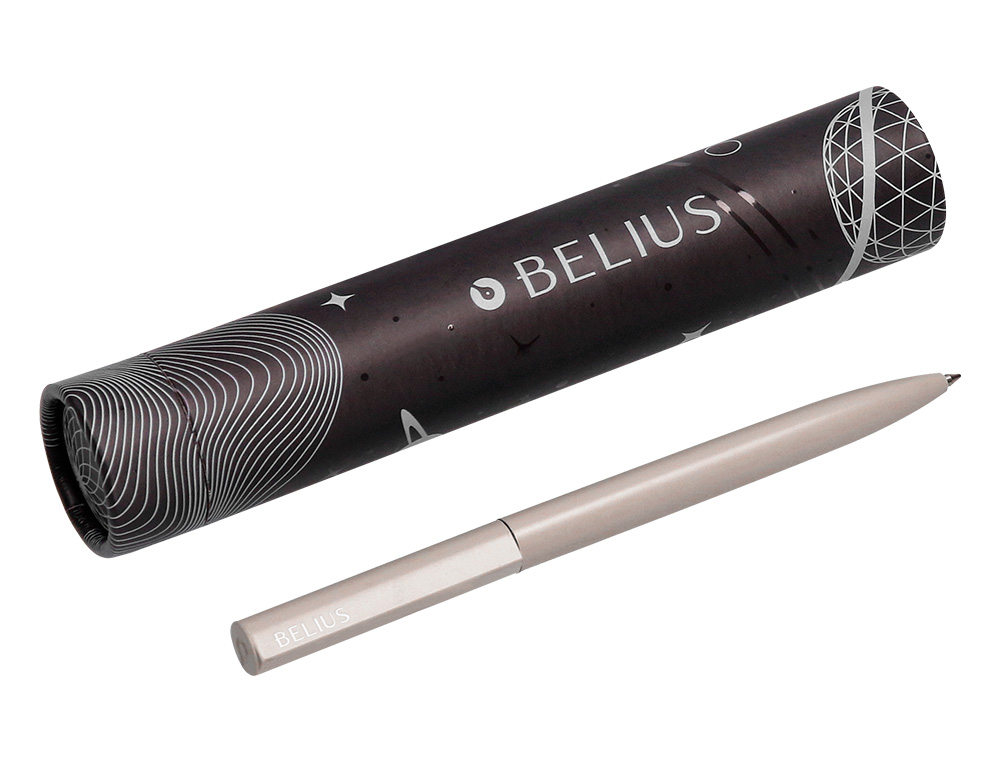 STYLO-BILLE BELIUS ROCKET B MONOCHROME SANS AGRAFE ENCRE BLEUE COLORIS GRIS DANS COFFRET CADEAU ORIGINAL CYLINDRIQUE