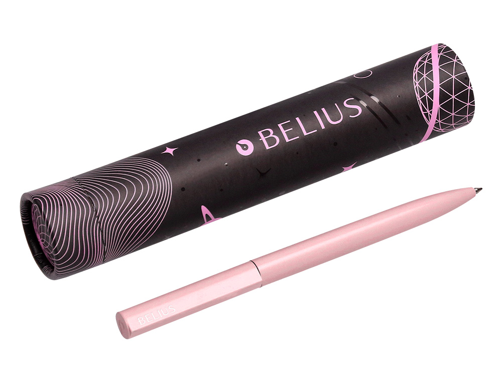 STYLO-BILLE BELIUS ROCKET B MONOCHROME SANS AGRAFE ENCRE BLEUE COLORIS ROSE DANS COFFRET CADEAU ORIGINAL CYLINDRIQUE