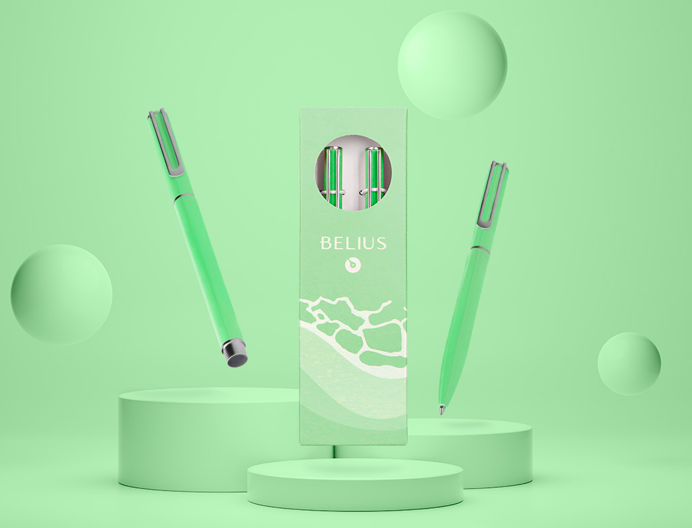 PARURE STYLO-BILLE ET ROLLER BELIUS ENDLESS SUMMER ALUMINIUM ATRIBUTS ARGENT ENCRE BLEUE COLORIS VERT COFFRET CADEAU