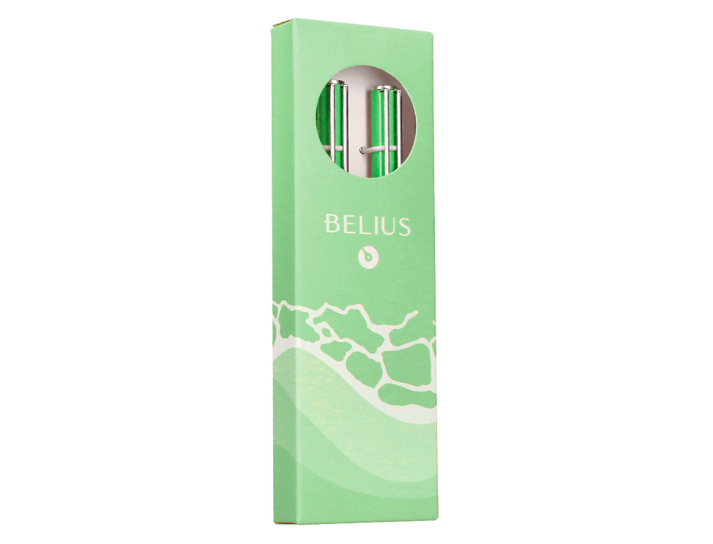 PARURE STYLO-BILLE ET ROLLER BELIUS ENDLESS SUMMER ALUMINIUM ATRIBUTS ARGENT ENCRE BLEUE COLORIS VERT COFFRET CADEAU