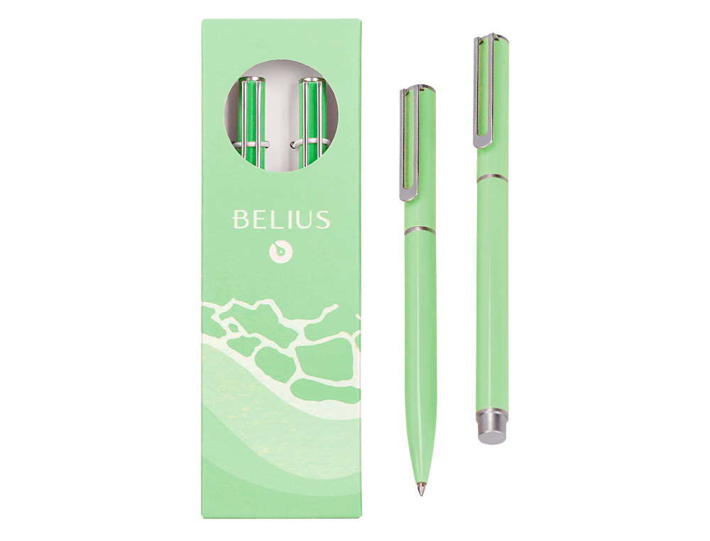 PARURE STYLO-BILLE ET ROLLER BELIUS ENDLESS SUMMER ALUMINIUM ATRIBUTS ARGENT ENCRE BLEUE COLORIS VERT COFFRET CADEAU
