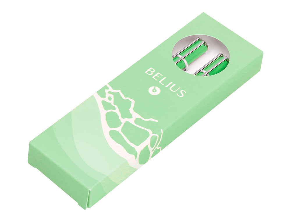 PARURE STYLO-BILLE ET ROLLER BELIUS ENDLESS SUMMER ALUMINIUM ATRIBUTS ARGENT ENCRE BLEUE COLORIS VERT COFFRET CADEAU