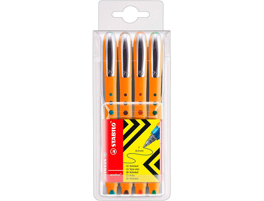 ROLLER STABILO WORKER POINTE FINE 0,3MM ENCRE EXTRA FLUIDE GRIP ANTIDERAPANT COLORIS     ASSORTIS PACK DE 4