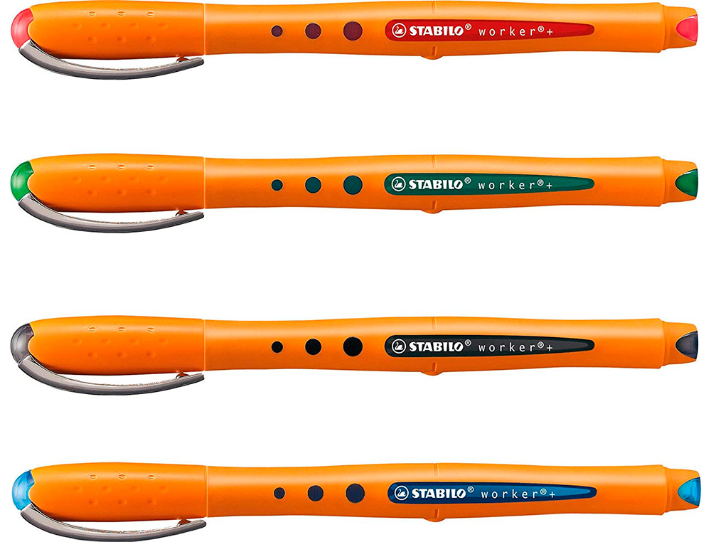 ROLLER STABILO WORKER POINTE FINE 0,3MM ENCRE EXTRA FLUIDE GRIP ANTIDERAPANT COLORIS     ASSORTIS PACK DE 4