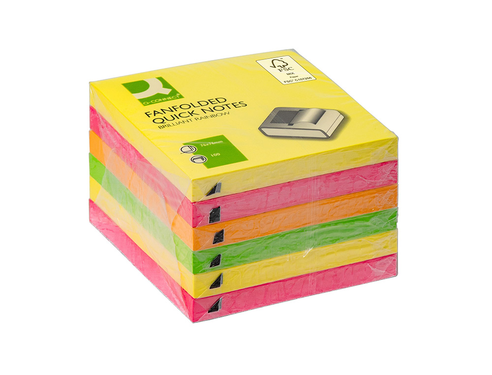 BLOC NOTES Q-CONNECT 76X76MM 100F ADHESIVES REPOSITIONABLES ZIG-ZAG COLORIS NEON LOT DE 6