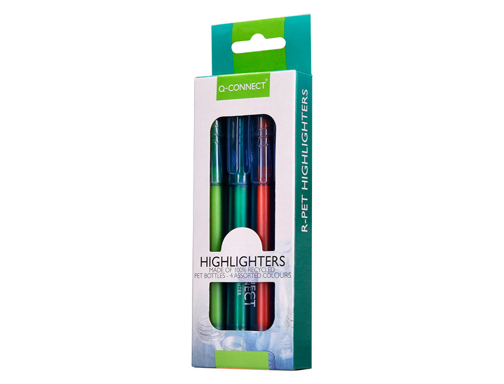 SURLIGNEUR Q-CONNECT FLUORESCENT CORPS TRANSPARENT POINTE BISEAUTEE TRAIT 1-5MM GRIP COLORIS ASSORTIS POCHETTE 4 UNITES