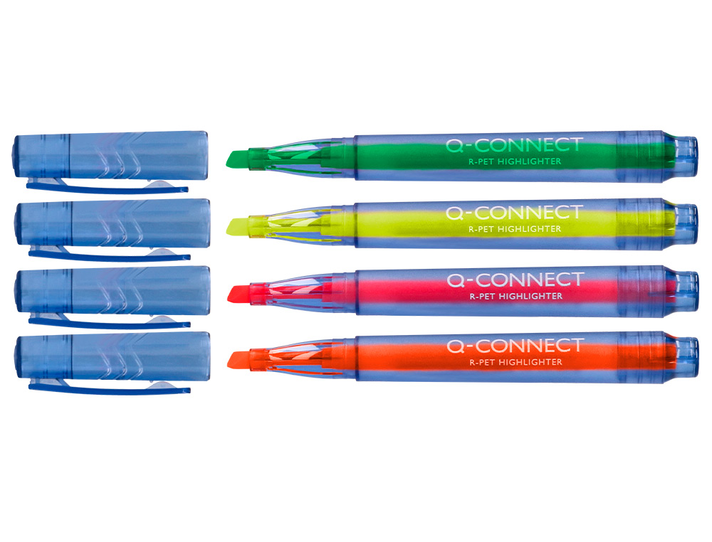 SURLIGNEUR Q-CONNECT FLUORESCENT CORPS TRANSPARENT POINTE BISEAUTEE TRAIT 1-5MM GRIP COLORIS ASSORTIS POCHETTE 4 UNITES