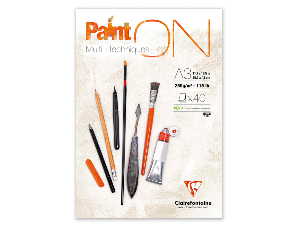 BLOC DE DESSIN ENCOLLE CLAIREFONTAINE PAINT'ON. PAPIER MULTI TECHNIQUE 250G EXTRA BLANC. FORMAT A 3 29,7