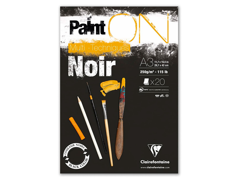 BLOC DE DESSIN ENCOLLE CLAIREFONTAINE PAINT'ON. PAPIER MULTI TECHNIQUE 250G NOIR. FORMAT A3 29,7 X 42CM