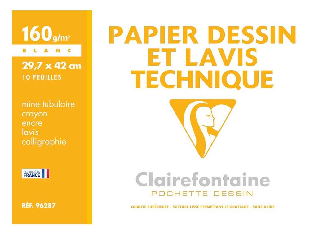 POCHETTE DESSIN ET LAVIS CLAIREFONTAINE PAPIER 160G SURFACE LISSE FORMAT . FORMAT A3 29,7 X 42CM 10 FEUILLES