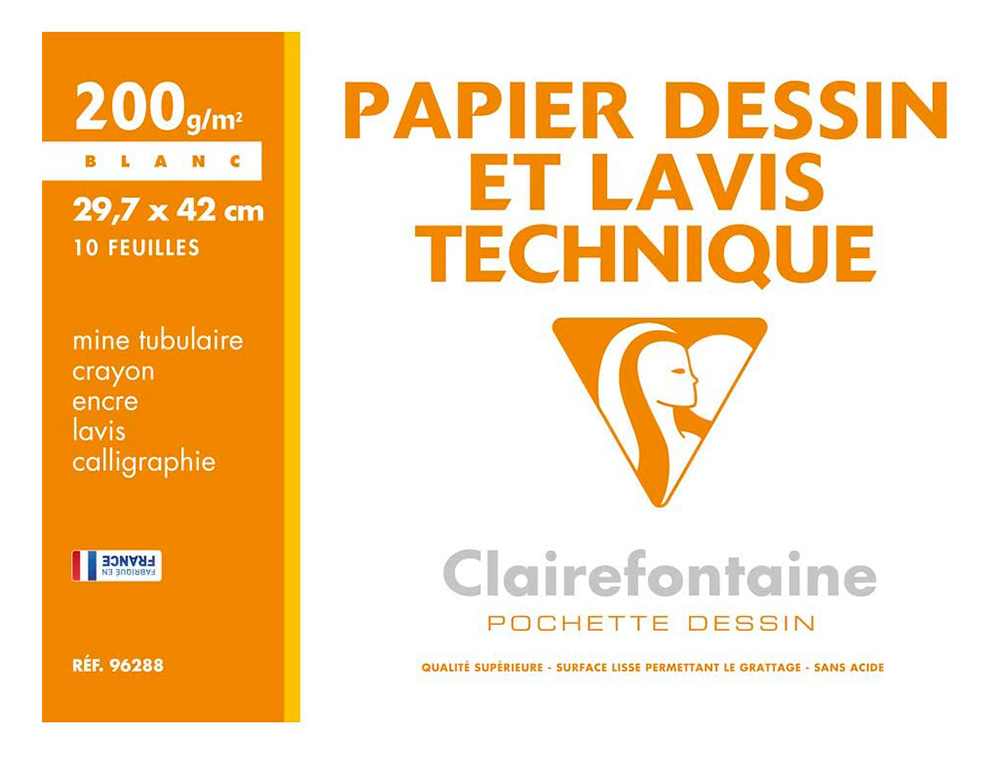 POCHETTE DESSIN ET LAVIS CLAIREFONTAINE PAPIER 200G SURFACE LISSE FORMAT . FORMAT A3 29,7 X 42CM 10 FEUILLES