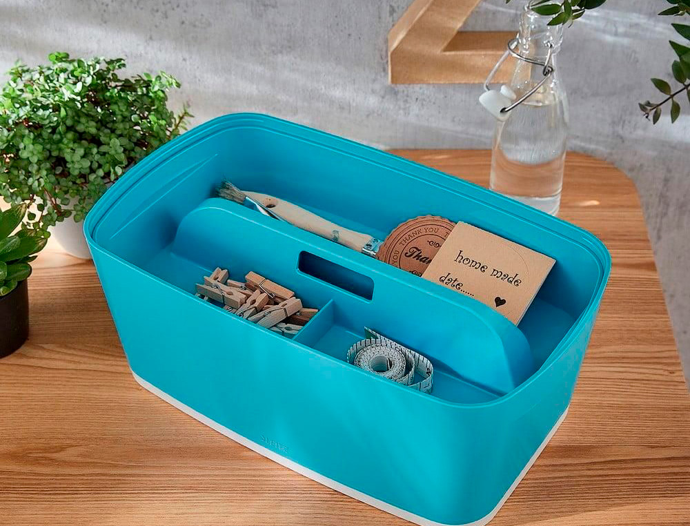 BOITE DE RANGEMENT LEITZ COSY MY BOX PETIT FORMAT AVEC COUVERCLE + ORGANISATEUR POIGNEE COLORIS BLEU