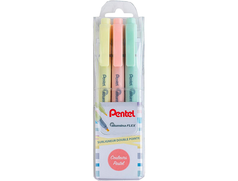 POCHETTE PENTEL DE 3 SURLIGNEURS BI-POINTE SLW11P  JAUNE, ORANGE ET VERT PASTEL