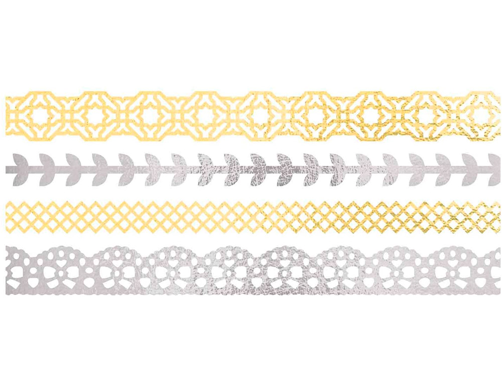 RUBAN ADHESIF DECORATIF WASHI ARGENT/OR PACK DE 4 ROULEAUX 2X15MMX5M + 2X10MX5M