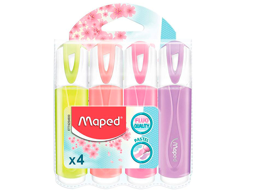 SURLIGNEUR MAPED FLUO'PEPS FLUORESCENT CLASSIC COULEURS PASTEL ASSORTIES POCHETTE DE 4