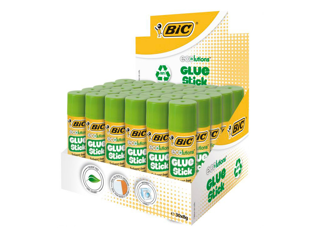 COLLE BIC  ECOLUTIONS  GLUE STICK - LAVABLE - COLLE LE    PAPIER ET LE CARTON -TUBE DE  8 GR BOITE DE 30