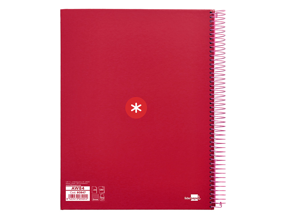 CAHIER SPIRALE ANTARTIK A4 240P 100G REMBORDE 5X5MM MICROPERFORE 5 BANDES 4 TROUS COLORIS FRAMBOISE