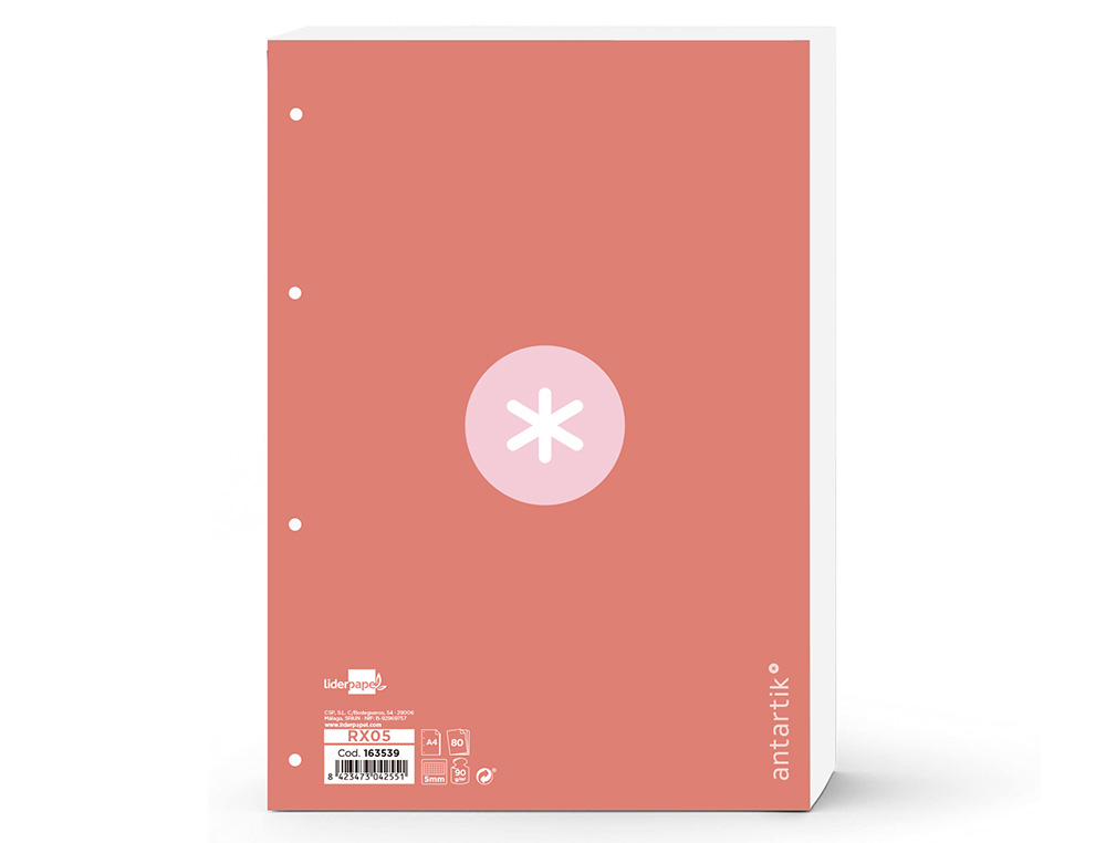 FEUILLET MOBILE ANTARTIK A4 80FEUILLES 100G QUADRILLAGE 5MM 4 TROUS BORD COLORIS ROSE