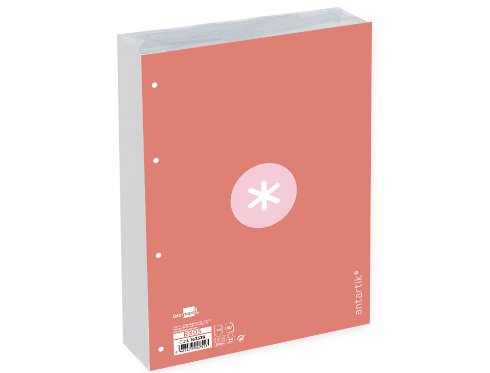 FEUILLET MOBILE ANTARTIK A4 80FEUILLES 100G QUADRILLAGE 5MM 4 TROUS BORD COLORIS ROSE