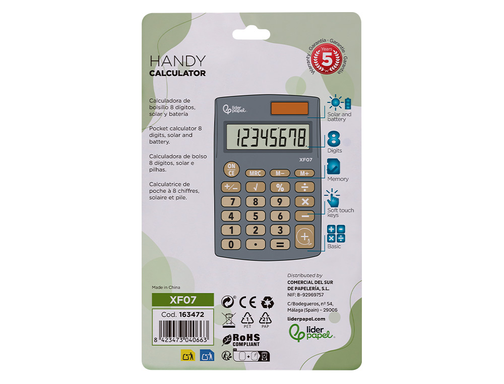 CALCULATRICE DE POCHE XF05 8 CHIFFRES SOLAIRE ET PILES 98X62X8 MM COLORIS GRIS