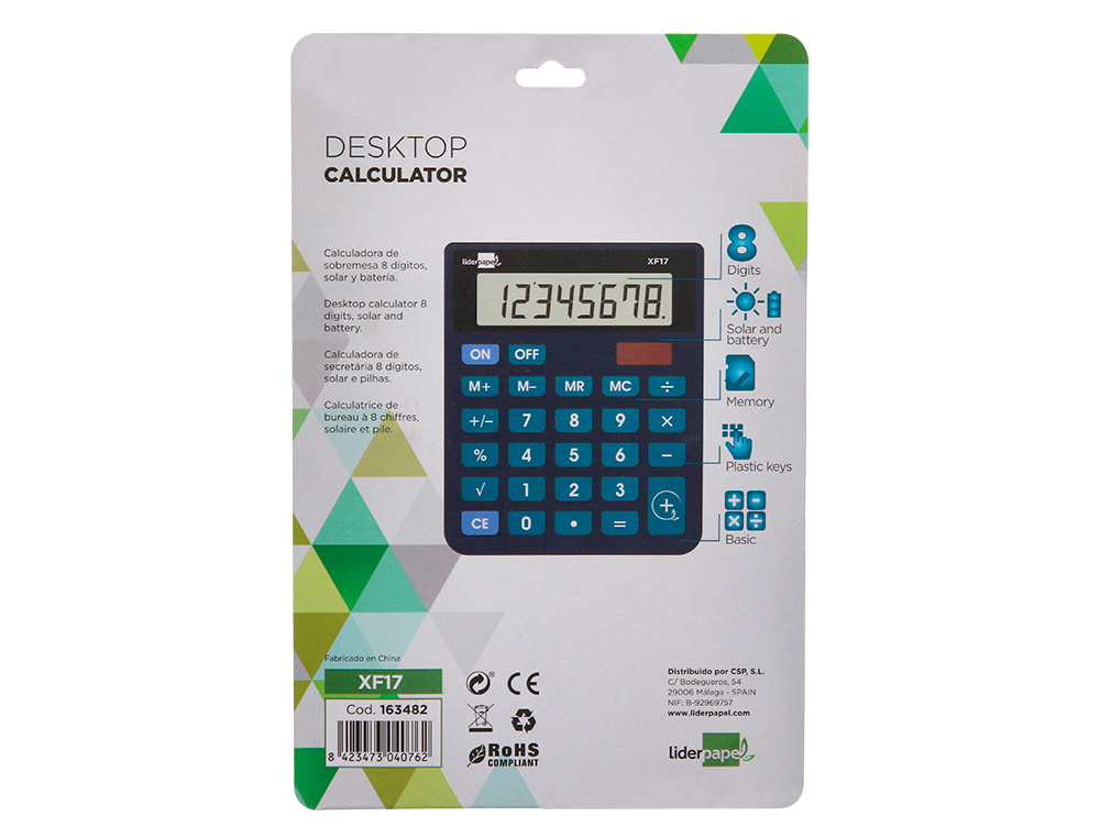 CALCULATRICE DE BUREAU LIDERPAPEL XF17 8 CHIFFRES SOLAIRE ET PILES 127X105X24 MM COLORIS BLEU