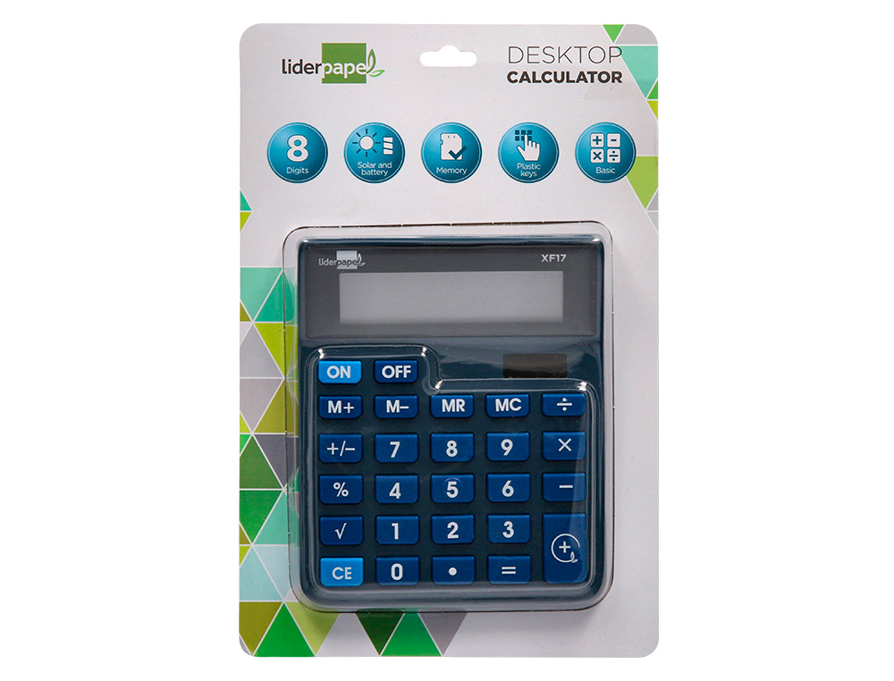 CALCULATRICE DE BUREAU LIDERPAPEL XF17 8 CHIFFRES SOLAIRE ET PILES 127X105X24 MM COLORIS BLEU