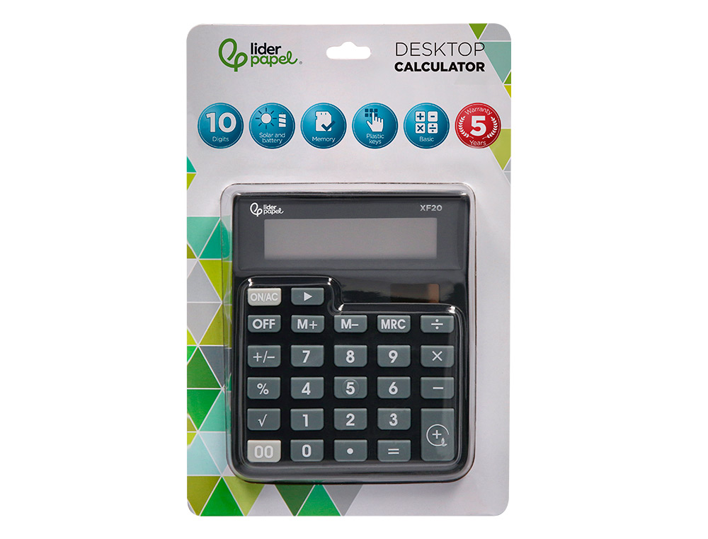 CALCULATRICE DE BUREAU LIDERPAPEL XF20 10 CHIFFRES SOLAIRE ET PILES 127X105X24 MM COLORIS NOIR