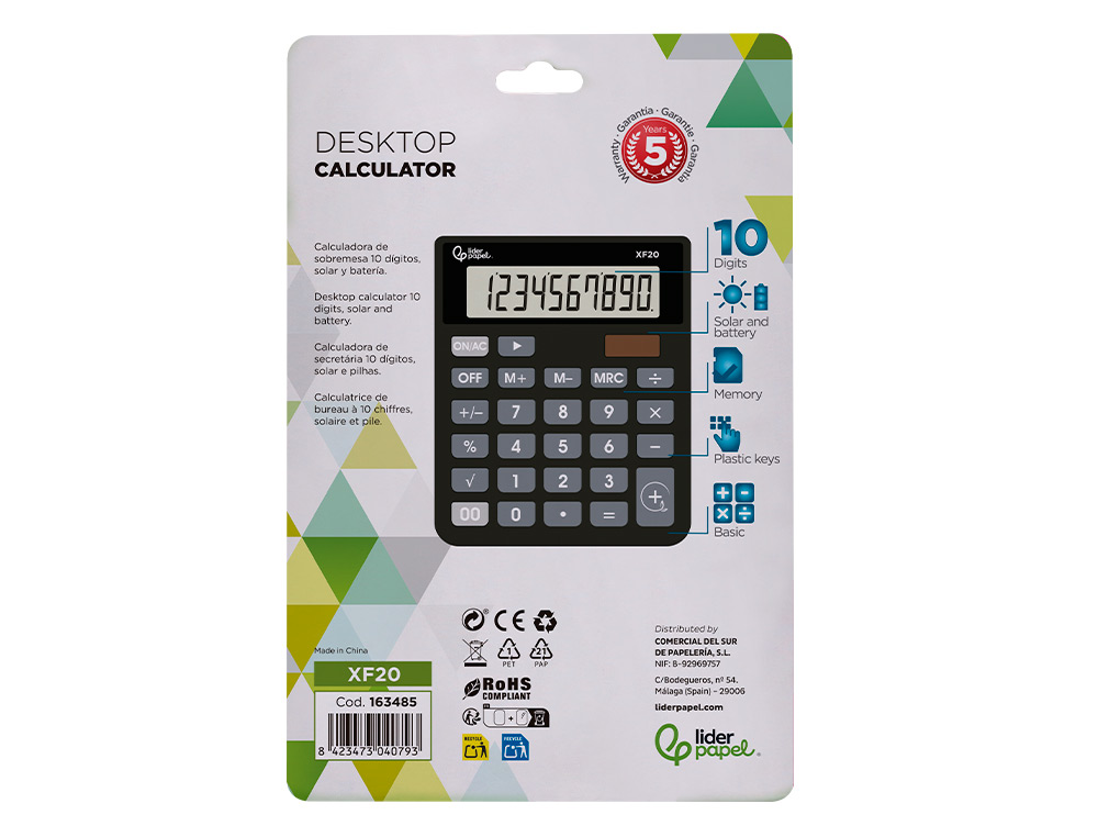 CALCULATRICE DE BUREAU LIDERPAPEL XF20 10 CHIFFRES SOLAIRE ET PILES 127X105X24 MM COLORIS NOIR