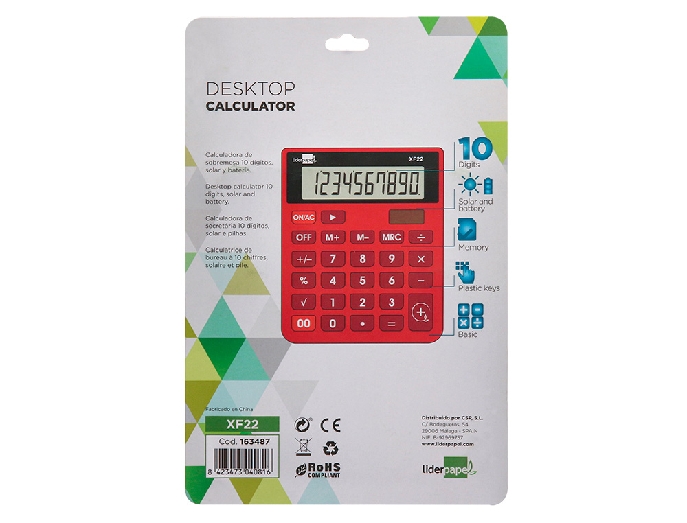 CALCULATRICE DE BUREAU LIDERPAPEL XF22 10 CHIFFRES SOLAIRE ET PILES 127X105X24 MM COLORIS ROUGE