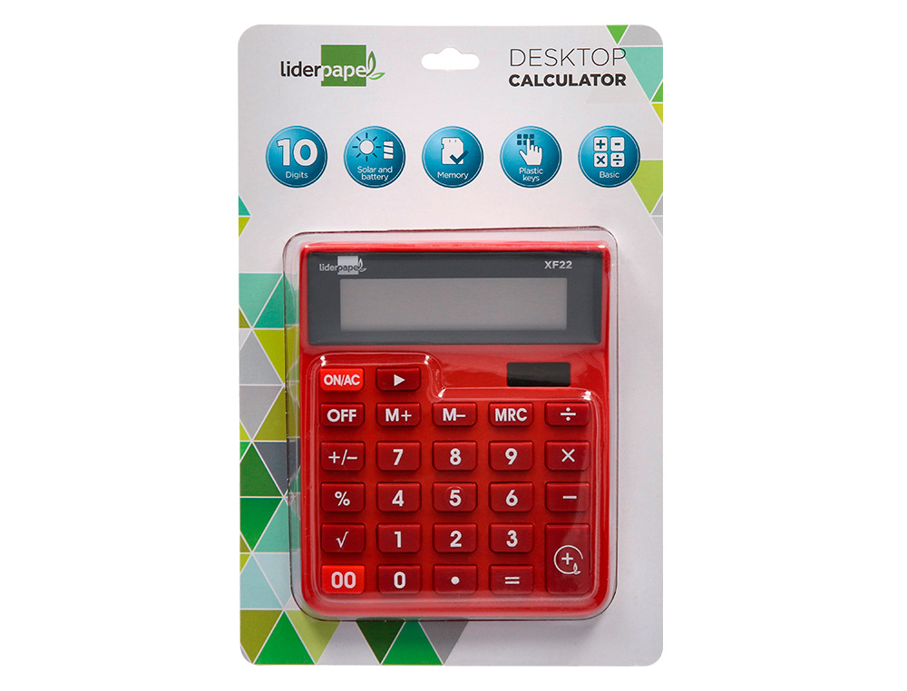 CALCULATRICE DE BUREAU LIDERPAPEL XF22 10 CHIFFRES SOLAIRE ET PILES 127X105X24 MM COLORIS ROUGE