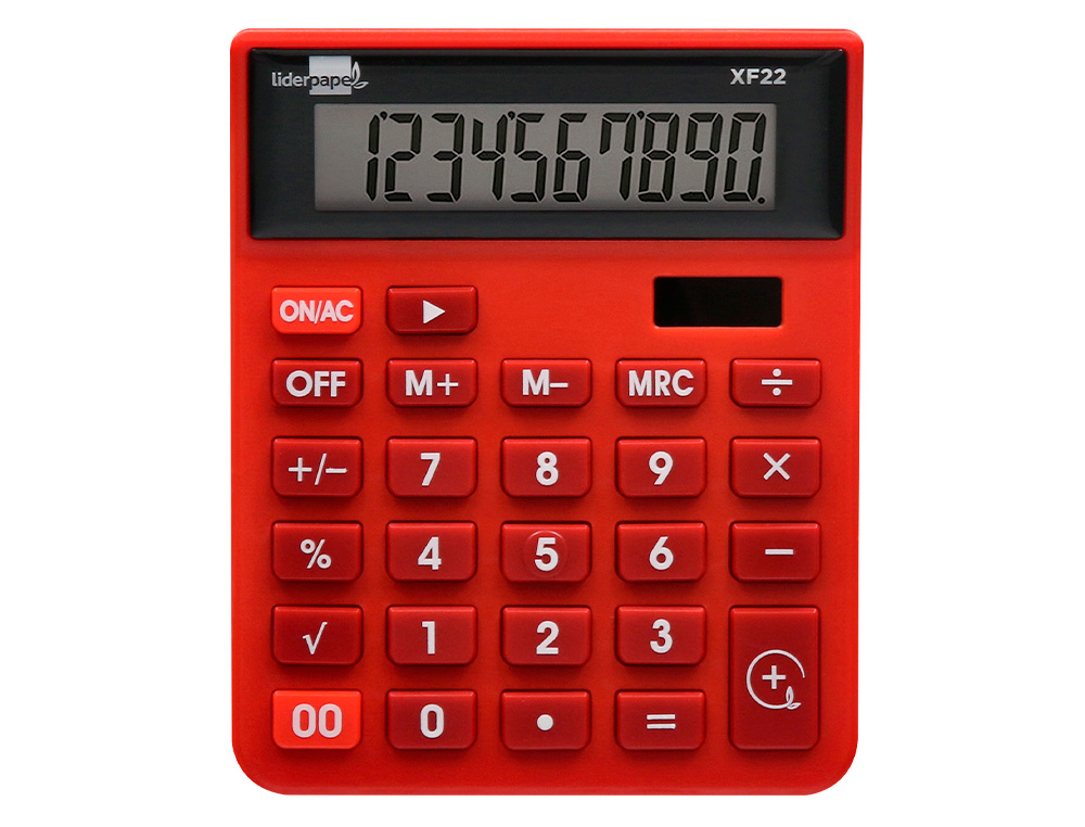 CALCULATRICE DE BUREAU LIDERPAPEL XF22 10 CHIFFRES SOLAIRE ET PILES 127X105X24 MM COLORIS ROUGE