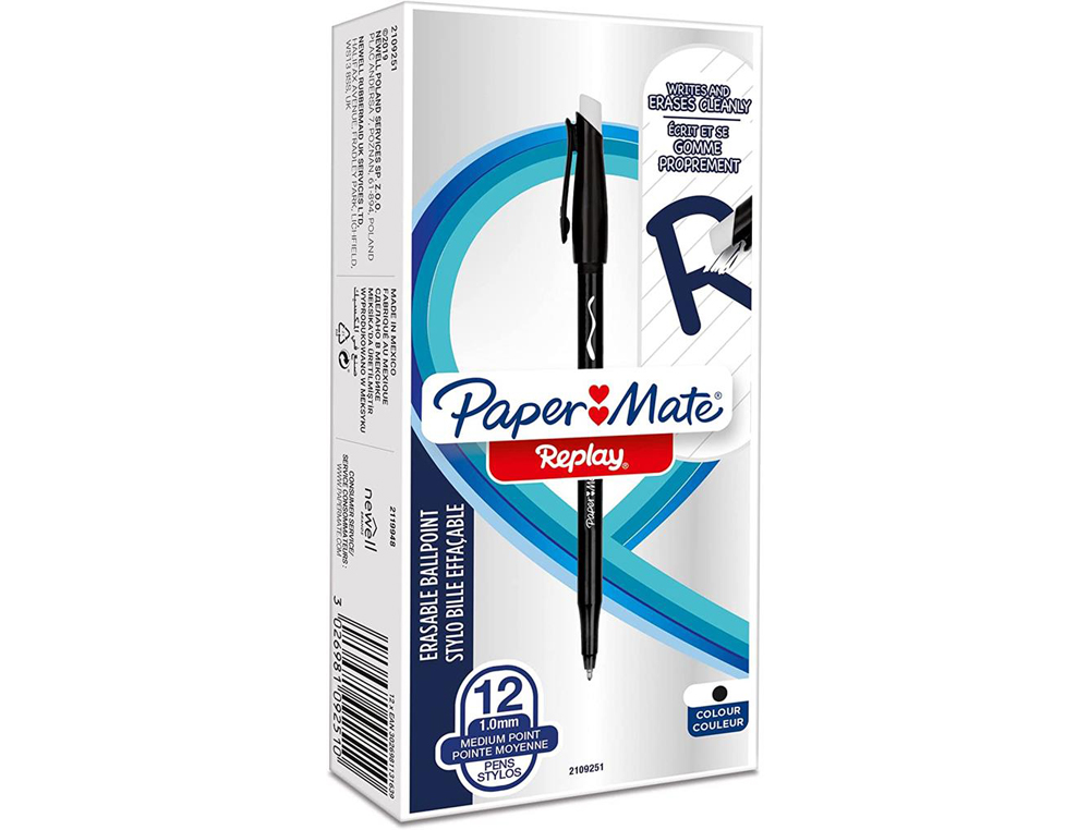 STYLO-BILLE PAPER MATE REPLAY COLORS GOMMMABLE POINTE       MOYENNE 1,0MM TRACE 0,8MM     COLORIS NOIR