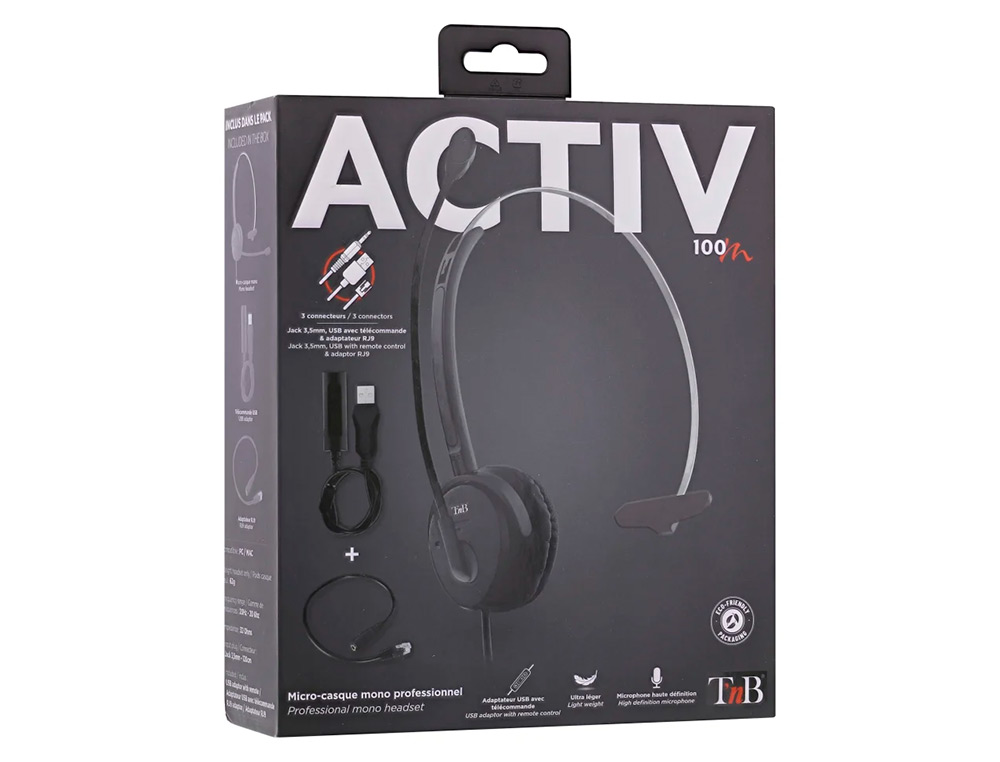 MICRO-CASQUE TNB ACTIV 100M MICRO FILAIR JACK 3.5MM MONO  OREILLETTE, TELECOMMANDE USB  ET ADAPTATEUR USB-C