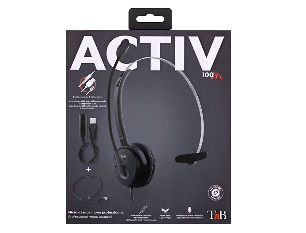 MICRO-CASQUE TNB ACTIV 100M MICRO FILAIR JACK 3.5MM MONO  OREILLETTE, TELECOMMANDE USB  ET ADAPTATEUR USB-C