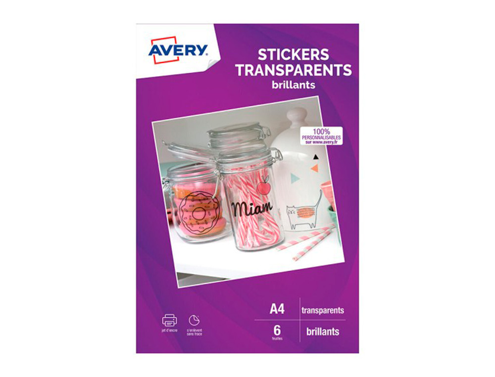STICKERS AVERY TRANSPARENT BRILLANT A4 JET D ENCRE PAQUET DE 6